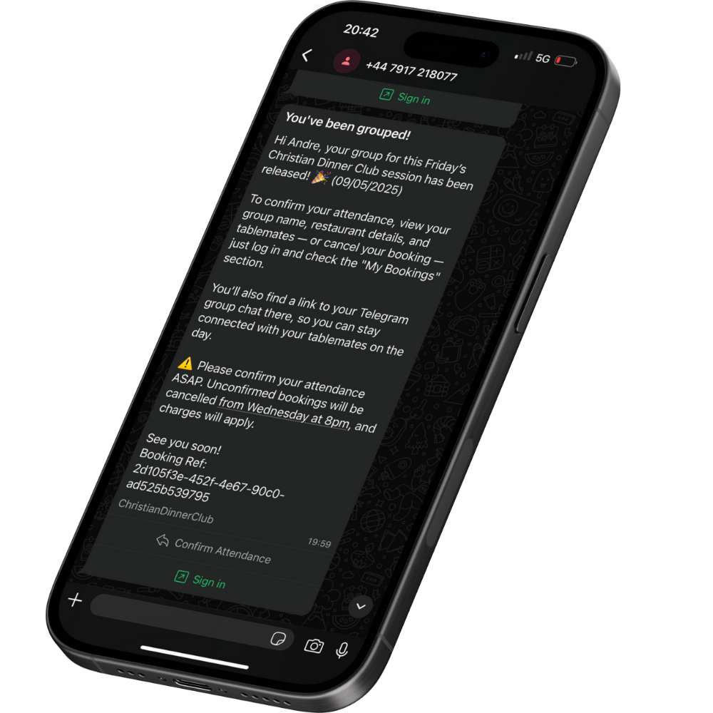 WhatsApp confirmation message from Christian Dinner Club